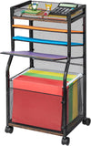 NEW 5-Tier Rolling File Cart with Hanging File Folders, Mobile Desk File Organizer on Lockable Wheels, Wood & Mesh Paper Letter Sliding Trays Organization for Office, Home, School, Patent
