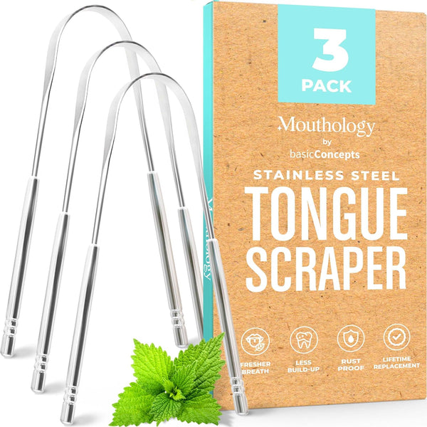 NEW Tongue Scraper (3 Pack), Reduce Bad Breath (Medical Grade), Stainless Steel Tongue Cleaners, Metal Tongue Scrappers, Tongue Scraper Cleaner for Fresh Breath