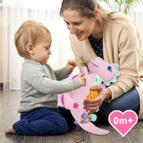 NEW Baby Sensory Dino Musical Stuffed Animal Toys for 0-3-6-9-12 Months, Infant Dinosaur Tummy Time Toys with Crinkle Sound Paper, Teether, Textures & Rattles for Newborn Boys Girls Birthday Gifts, Pink