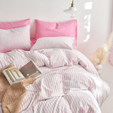 NEW Retails $45, Wake In Cloud - Striped Cotton Duvet Cover Set, Ticking Stripe Vertical Pinstripe Farmhouse, 100% Washed Cotton Bed Bedding Set with Zipper Closure, 3 Pieces, Pink White, Twin Size