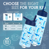 NEW FAHRMOSIS 14 OZ Kids Water Bottle with Straw, Sleeve, & 2 Lids (Flip & Spout) Leak Proof Metal Insulated Stainless Steel Reusable Tumbler for School & Sports Water Bottle - Blue (Shark)