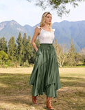 NEW Retails $65, SCARLET DARKNESS Women Long Asymmetric Tiered Renaissance Elastic Waist Maxi Skirt with Pockets, Army Green, Sz M