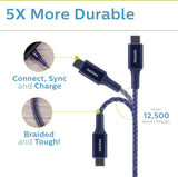 NEW Philips 6 Ft. USB Type C Cable, USB-A to USB-C Blue Durable Braided Fast Charging Cable, Compatible with iPad Pro, MacBook Pro, Samsung Galaxy S10 S9 Note 9 8 S8 Plus, DLC5206UA/37