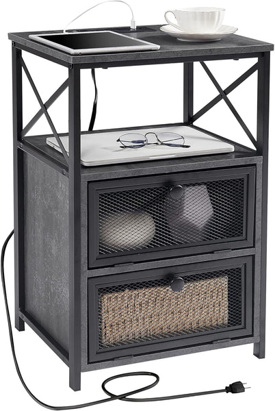 NEW VECELO End Table with USB Ports and Outlets, 24Inch Nightstand with Charging Station and Storage Shelf for Bedroom, Living Room, Charcoal Grey!