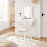 NEW IN BOX Retails $150US+ VASAGLE White Makeup Vanity Set, Makeup Dressing Table Set with Mirror, 10 Light Bulbs, 3-Slot Removable Organizer, 4 Drawers, Cushioned Stool, Mid-Century Modern Style