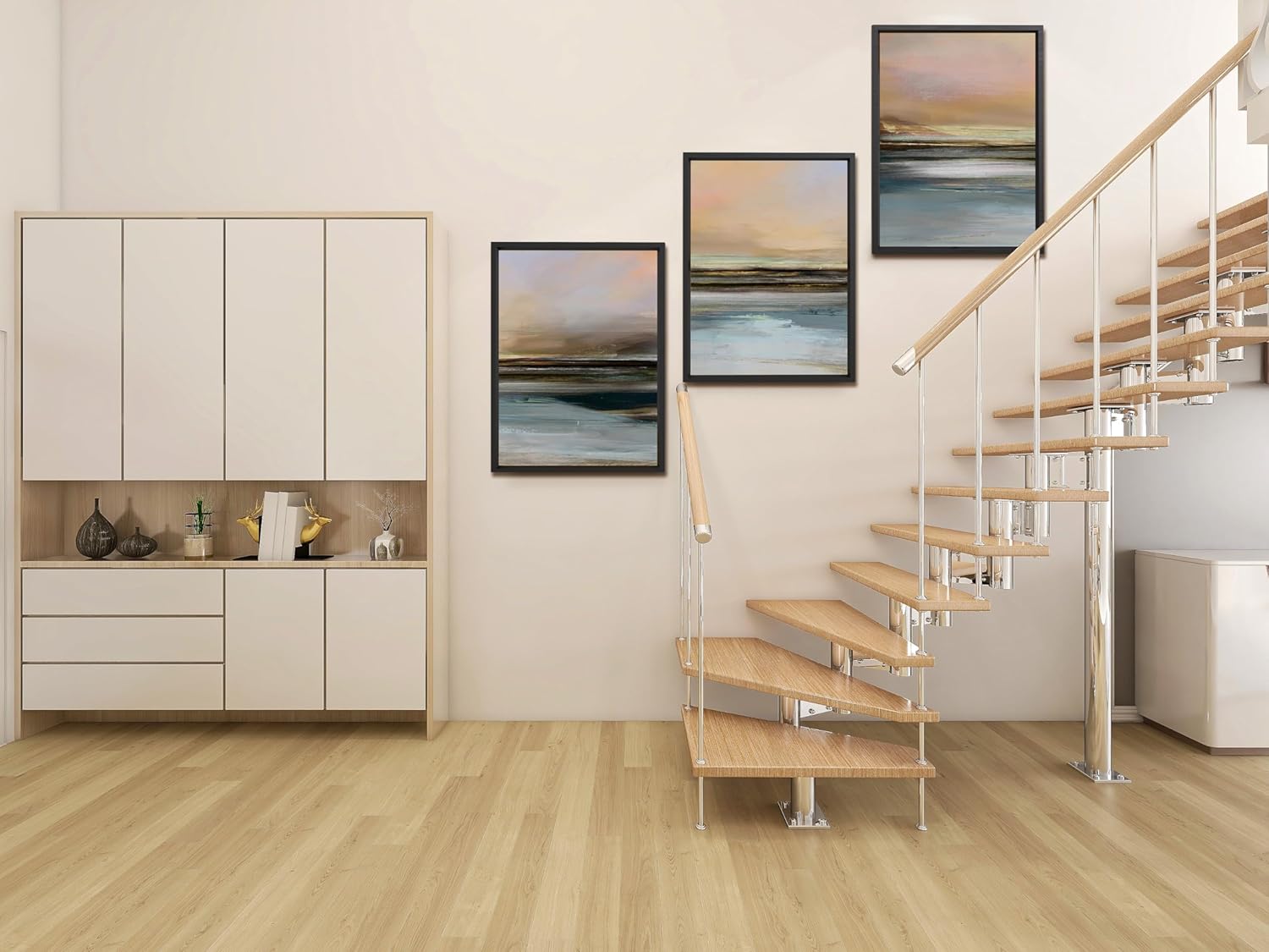 NEW Retails $81, Set of 3 Coastal Framed Wall Art Paintings 16 x 24 Inch each frame, Modern Abstract Shapes Wall Decor for Living Room Bedroom Office Home