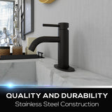 NEW Mueller Premium Single-Hole Bathroom Sink Faucet, Single-Handle, Drain Assembly, Deck Plate for 1-Hole and 3-Holes Installation, Stainless Steel Nickel Finish, Supply Lines Preassembled, Matte Black -