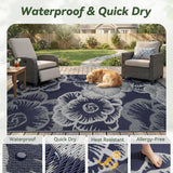 NEW Retails $60, Outdoor Rug Carpet Waterproof Patio Rug 5x8 ft RV Camping Rug Picnic Beach Mat Outside for Patio Deck Balcony Backyard Reversible Portable Tapis Exterieur Navy White Floral
