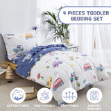 NEW DJY Cotton Toddler Bedding Set for Boys Girls, 4 Pieces Cars Reversible Bed Comforter Set, Includes Comforter, Flat Sheet, Fitted Sheet and Pillowcase, Retails $107