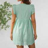 NEW Retails $41, California Romper Dress with Shorts Loose Women Summer V Neck Short Fly Sleeve Lace Summer Dress with Pocket, Mint Green, Sz L