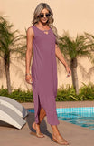 NEW MISFAY Women's Summer Maxi Dress Sleeveless Casual Loose Long Beach Split Dresses with Pockets, Mauve, Sz 2XL