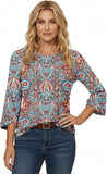 NEW BETTE BOUTIK Womens 3/4 Length Sleeve Tunic Tops Casual Crew Neck Shirts Business Work Blouses Trendy Flowy Tees, Blue Orange Feather, Sz 2XL