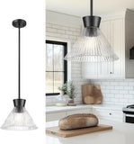 NEW Retails $90, Black Pendant Light, HWH 1-Light 11-Inch Adjustable Hanging Light Fixture, Kitchen Pendant Light with Clear Striped Glass, Matte Black Finich, 5HZG108MIL BK