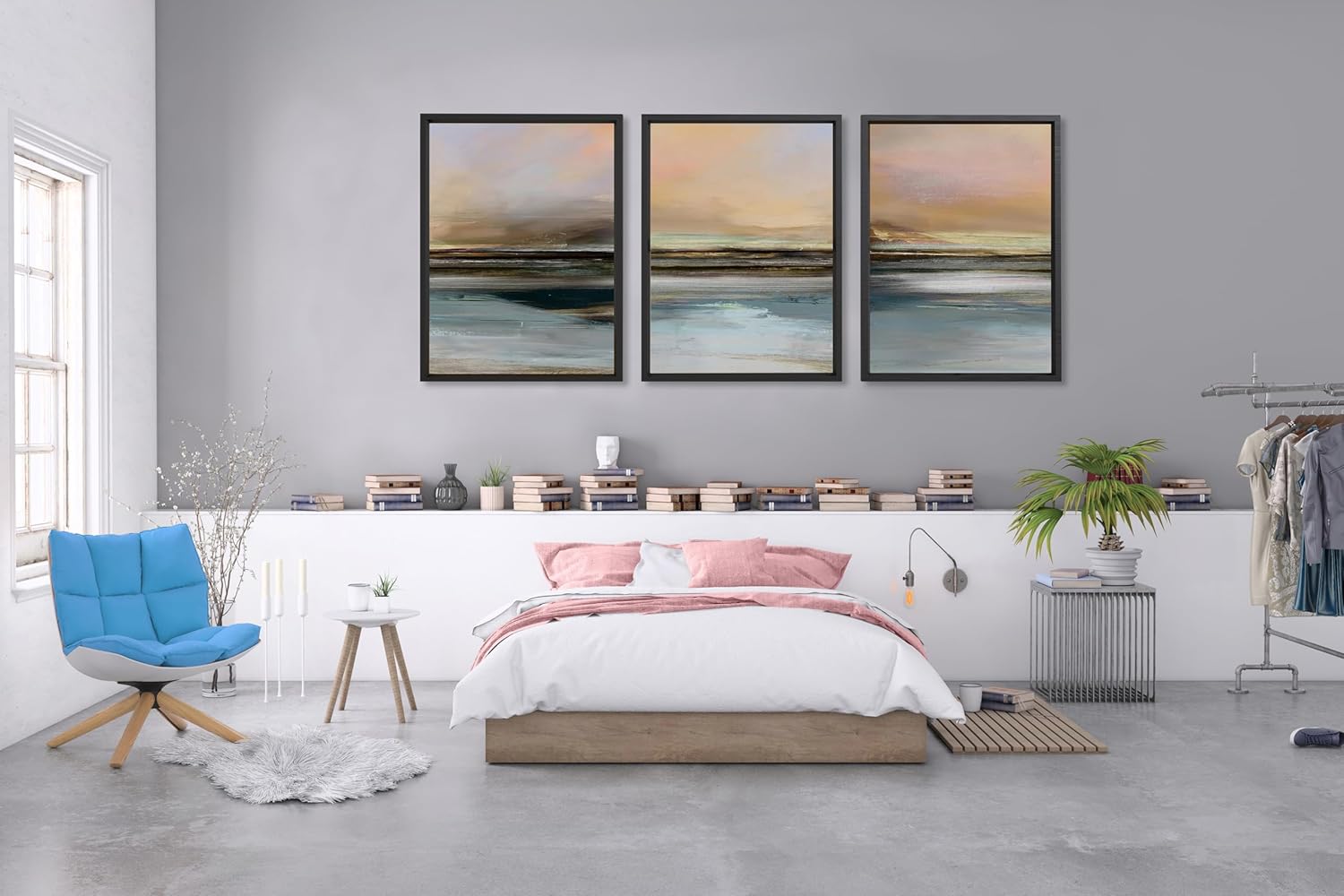 NEW Retails $81, Set of 3 Coastal Framed Wall Art Paintings 16 x 24 Inch each frame, Modern Abstract Shapes Wall Decor for Living Room Bedroom Office Home