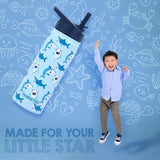 NEW FAHRMOSIS 14 OZ Kids Water Bottle with Straw, Sleeve, & 2 Lids (Flip & Spout) Leak Proof Metal Insulated Stainless Steel Reusable Tumbler for School & Sports Water Bottle - Blue (Shark)