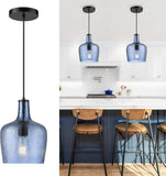 NEW Retails $80, AUTELO Pendant Light Fixtures, Blue Hammered Pendant Lights Kitchen Island, 8" Modern Glass Pendant Light in Matte Black Finish, Hanging Light for Kitchen Island, Dining Room, H9163 BU