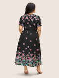 NEW Bloomchic Boho Print V Neck Elastic Waist Dress Black Sz 10