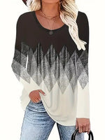 NEW Argyle Print Crew Neck T-shirt, Elegant Long Sleeve Top For Spring & Fall, Women's Clothing - Sz 3X Fits True