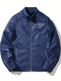 NEW Retails $79, Men's Vintage Look Cycling Jacket With Zipper Pocket, Casual Stand Collar Windproof Zip Up Comfy Jacket For Outdoor, Soft Faux Leather, Blue, Sz XL
