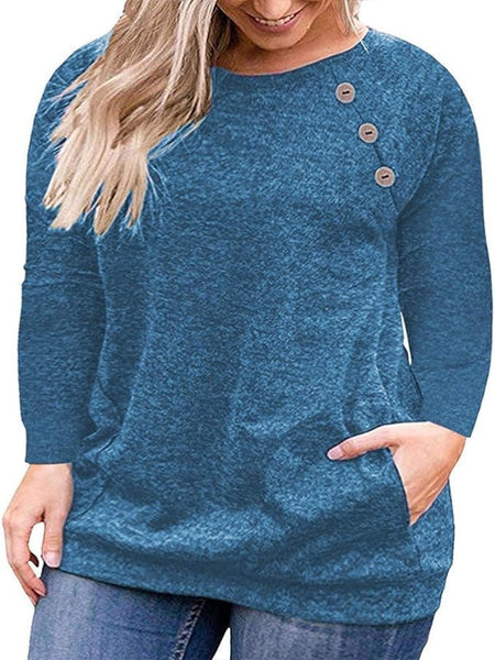 NEW VISLILY Women's Plus Size Tops Long Sleeve Buttons Casual Shirt with Pockets, Blue, Sz 2XL