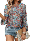 NEW BETTE BOUTIK Womens 3/4 Length Sleeve Tunic Tops Casual Crew Neck Shirts Business Work Blouses Trendy Flowy Tees, Blue Orange Feather, Sz 2XL