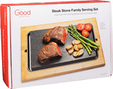 NEW in box! Retails $170, Cooking Stone (12.5" x 7.5") w Bamboo Platter - Extra Large Lava Hot Stone Tabletop Grill- Cooking Platter and Cold XL Lava Rock for Indoor BBQ, Hibachi Grilling Stone- Great Gift for at Home Chef