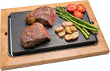 NEW in box! Retails $170, Cooking Stone (12.5" x 7.5") w Bamboo Platter - Extra Large Lava Hot Stone Tabletop Grill- Cooking Platter and Cold XL Lava Rock for Indoor BBQ, Hibachi Grilling Stone- Great Gift for at Home Chef