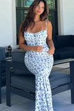 NEW Stunning Micas Blue Floral Print Shoulder Tie Maxi Dress, Sz M, Retails $54