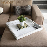 NEW Retails $60+, Hanobe Square Large Ottoman Tray: Extra Large Serving Tray with Handles Rustic Wood Whitewash Decorative Coffee Table Trays Farmhouse Home Decor for Living Room Kitchen Counter 21"
