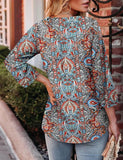 NEW BETTE BOUTIK Womens 3/4 Length Sleeve Tunic Tops Casual Crew Neck Shirts Business Work Blouses Trendy Flowy Tees, Blue Orange Feather, Sz 2XL