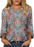 NEW BETTE BOUTIK Womens 3/4 Length Sleeve Tunic Tops Casual Crew Neck Shirts Business Work Blouses Trendy Flowy Tees, Blue Orange Feather, Sz 2XL