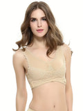 NEW Contrast Lace Wireless Sports Bra, Comfy Criss Cross Side Buckle Tank Bra, Women's Lingerie & Underwear, Light Beige, Size S