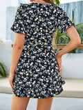 NEW Retails $40, Floral Print Tie Waist Dress, Vacation Ruffle Trim V Neck Short Sleeve Mini Dress, Women's Clothing, Black Floral, Fits Sz M/L