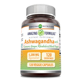 NEW Sealed, Amazing Formulas Ashwagandha with Turmeric, Ginger, Rhodiola & Black Pepper | 5200 Mg | 120 Veggie Capsules, Exp: 04/2027