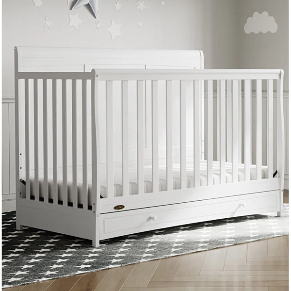 New in Box! Graco Asheville 4-in-1 Convertible Crib with Storage, Manufacture Date 07/22, Retails $449+ NOTE: Couple minor scuffs from packaging mostly on back board