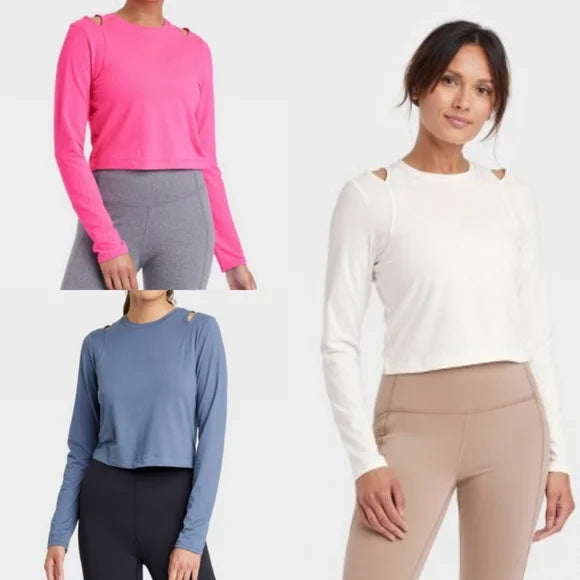 New with tags! Women's Long Sleeve Sleeve Crop Top- All in Motion- Neon Pink, Plus Size 2X- PINK ONE ONLY!