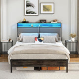 NEW IN BOX! Retails $240+ HOOBRO Full/Double Bed Frame with Storage Headboard, Upholstered Platform Bed, Bed Frame with Charging Station and LED Light, Headboard with Storage Shelves, USB Ports, Charcoal Grey
