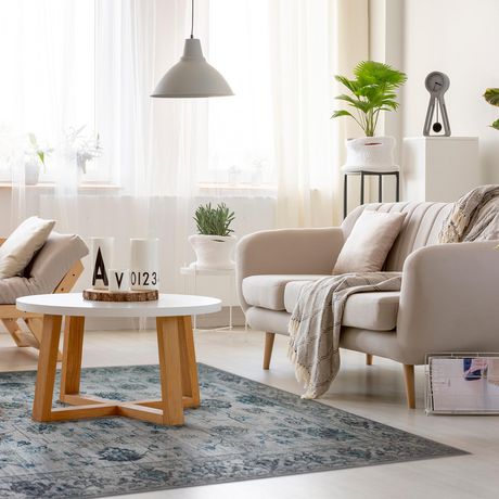 New Washable Area Rug BLUE DISTRESSED PERSIAN Korhani, 4'11" X 6'7"