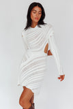 NEW Micas Women's Casual Dresses Knitting Hollow Out Long Sleeve See-Through Aesthetic Elegant Chic Bodycon dress, White Sz L