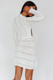 NEW Micas Women's Casual Dresses Knitting Hollow Out Long Sleeve See-Through Aesthetic Elegant Chic Bodycon dress, White Sz L