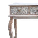 NEW Assembled 43 inch Tall Ophelia & Co. Martyn 2 Drawer Mango Wood Console Table with Floral Carved Front, Brown and White, Retails $323+