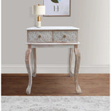 NEW Assembled 43 inch Tall Ophelia & Co. Martyn 2 Drawer Mango Wood Console Table with Floral Carved Front, Brown and White, Retails $323+