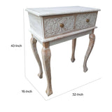 NEW Assembled 43 inch Tall Ophelia & Co. Martyn 2 Drawer Mango Wood Console Table with Floral Carved Front, Brown and White, Retails $323+