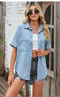 NEW Oversized Denim Shirt Women Light Blue Denim Jacket Work Chest Pocket Casual Ladies Blouse SZ M