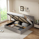 Retails $789+, KING Latitude Run Raania Hydraulic Lift Up Storage Upholstered Wingback Bed, NOTE: Was store display! No box, has some dirt from transport should come off with soap & water. MATTRESS NOT INCLUDED
