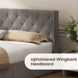 Retails $789+, KING Latitude Run Raania Hydraulic Lift Up Storage Upholstered Wingback Bed, NOTE: Was store display! No box, has some dirt from transport should come off with soap & water. MATTRESS NOT INCLUDED