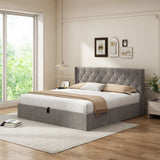 Retails $789+, KING Latitude Run Raania Hydraulic Lift Up Storage Upholstered Wingback Bed, NOTE: Was store display! No box, has some dirt from transport should come off with soap & water. MATTRESS NOT INCLUDED
