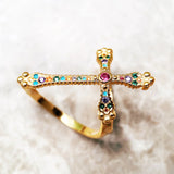 NEW Handcrafted 925 Sterling Silver Old Gold Cross Ring with Zirconium Crystals, Sz 7