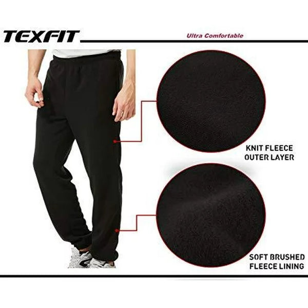 New TEXFIT Men's Jogging Pants with Side Pockets, Elastic Bottom, Soft Fleece Sweat Pants in Black, Sz L