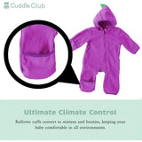 NEW Retails $52, Cuddle Club One Piece Romper Hooded Fleece Onesie Jumper for Baby, Purple Green Dino, Sz 6-12 months